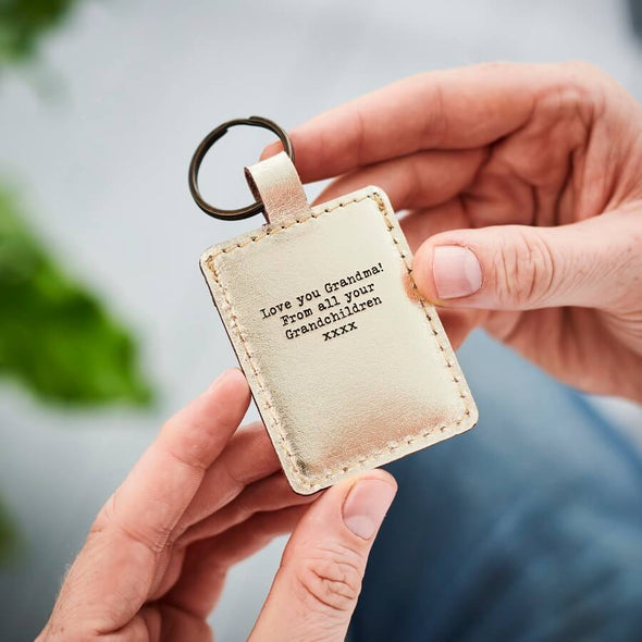 Personalised Gold Leather Key Ring With Metal Photo Fathers Day