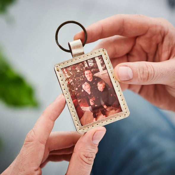 Personalised Gold Leather Key Ring With Metal Photo Fathers Day