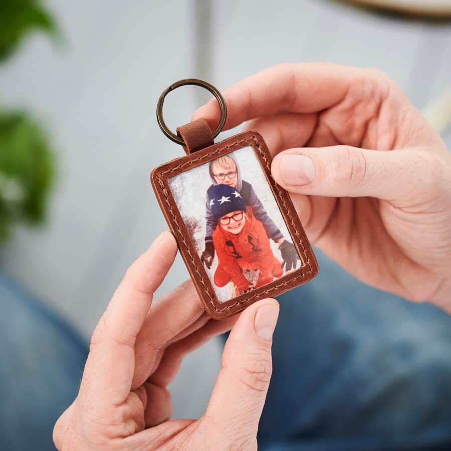 Personalised Leather Key Ring With Metal Photo Fathers Day