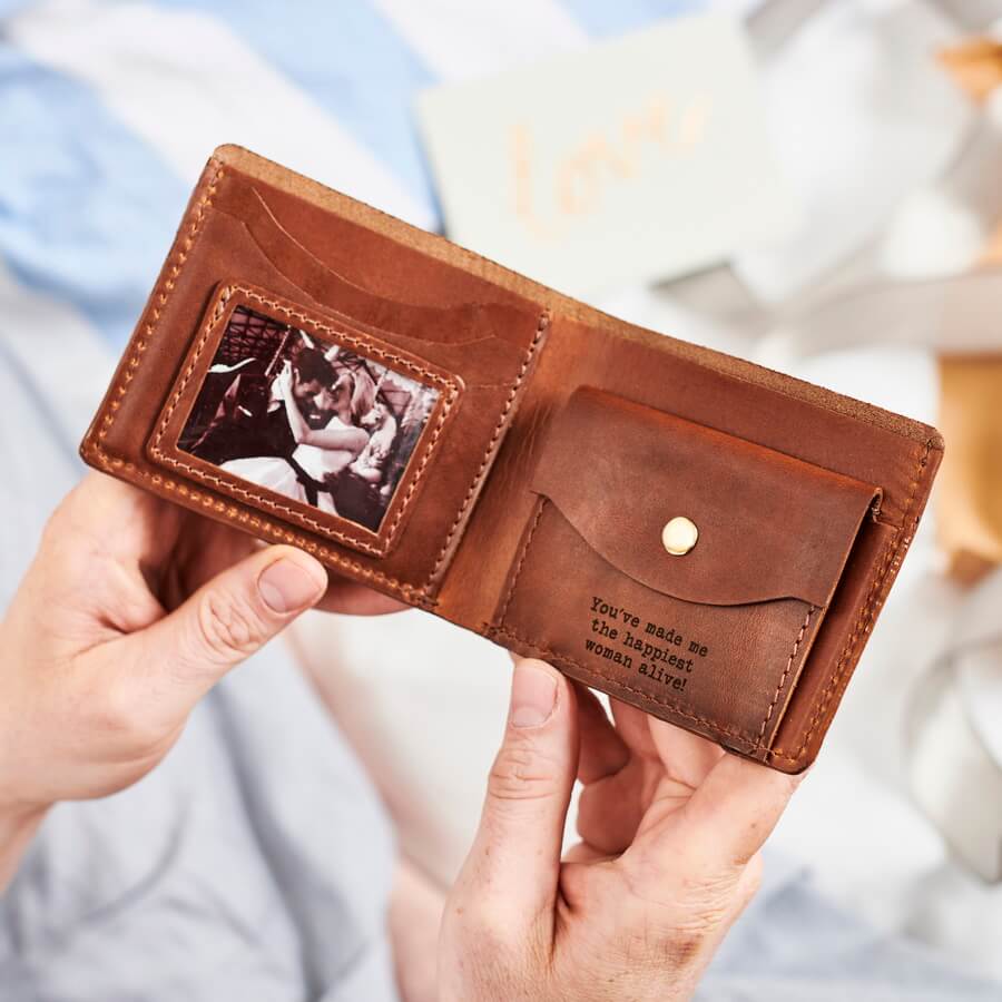 Groom Personalised Leather Wallet with Metal Photo Dark Brown