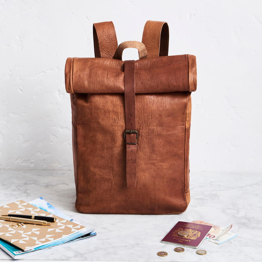 Men s Roll top Leather Backpack