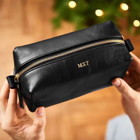 Personalised Compact Leather Wash Bag