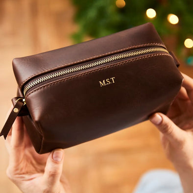 Personalised Compact Leather Wash Bag