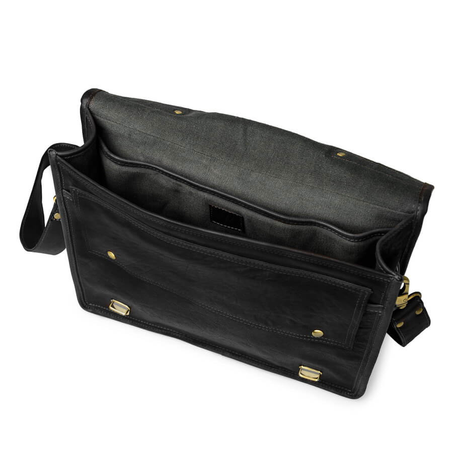 Inside black leather shoulder bag