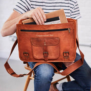 Inside view of special leather laptop bag in tan