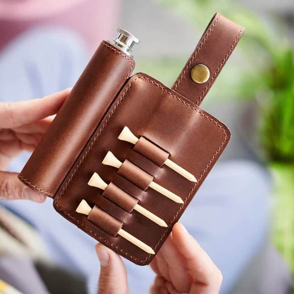 Leather Golf Tee Holder and Stainless Steel Hip Flask