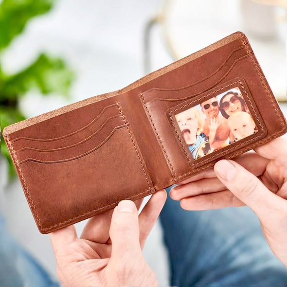 Personalised Leather Card Wallet With Metal Photo Card