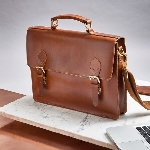 Tan brown leather briefcase laptop bag for 13 inch laptop