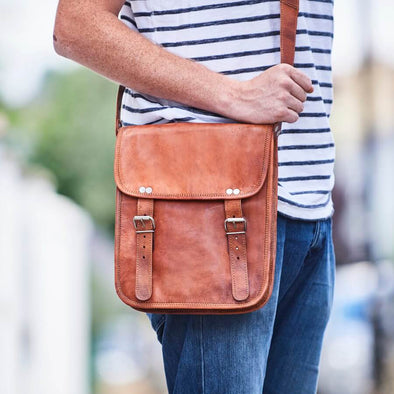 Midi long mens leather satchel with straps