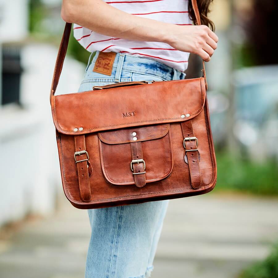Vintage leather satchel with pocket and handle