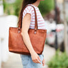 Vintage leather tote bag in tan brown