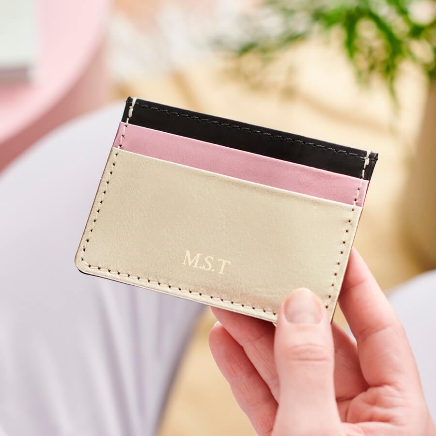 Womens Leather Card Holder Gold, Metallic Pink and Black