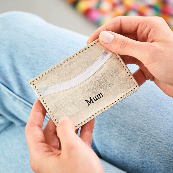 credit card holder in leather gold with silver initials