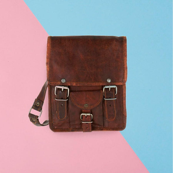 Mini leather satchel with front pocket in tan leather