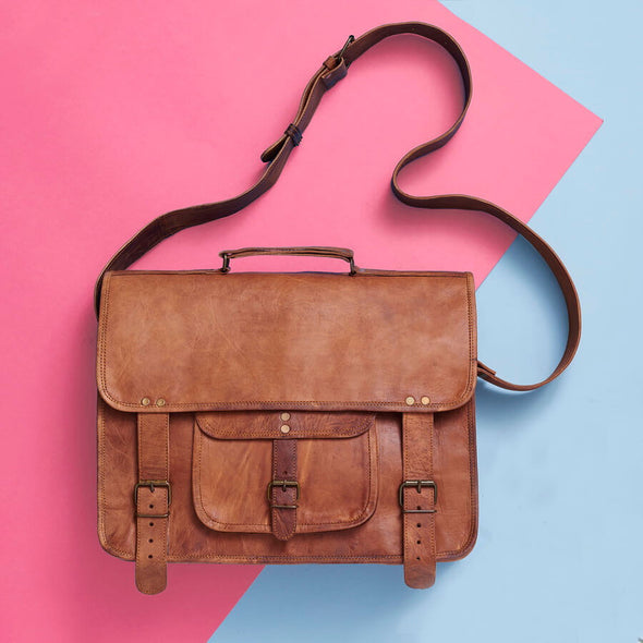 Vintage tan leather laptop bag extra large