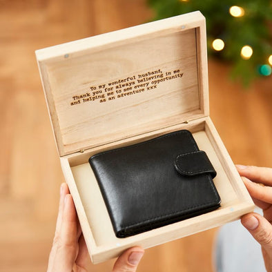 Personalised Leather Wallet In Personalised Wooden Box